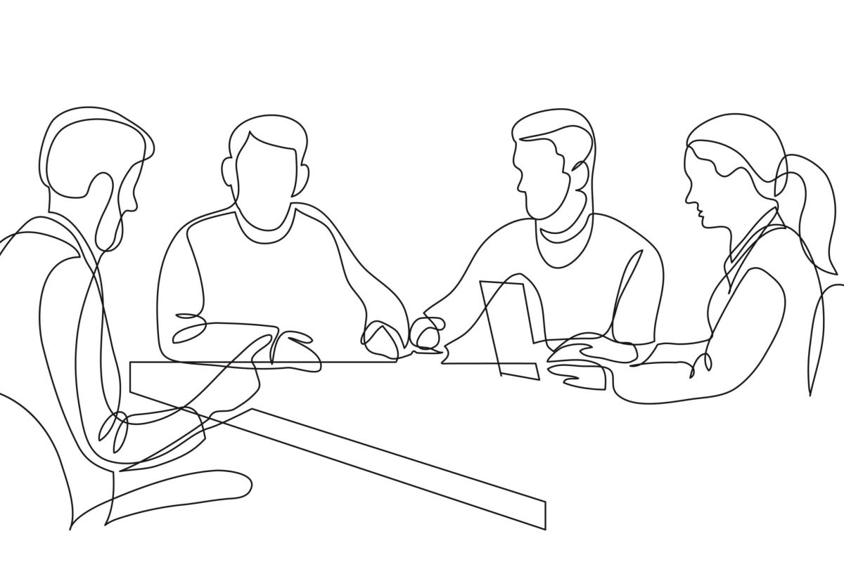 line drawing of people in a meeting room